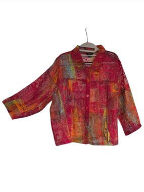 Toni Morgan Burnout Blouse Button Up Semi Sheer Shirt XL Linen Blend Geometric